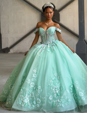 Pretty Green Ball Gown Off the Shoulder Appliques Tulle Sweet 16 Dress Party Gowns Quinceanera Dresses HZ1023